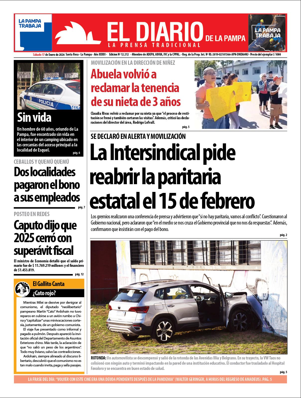 Tapa de El Diario en papel  saacutebado 17 de enero de 2026